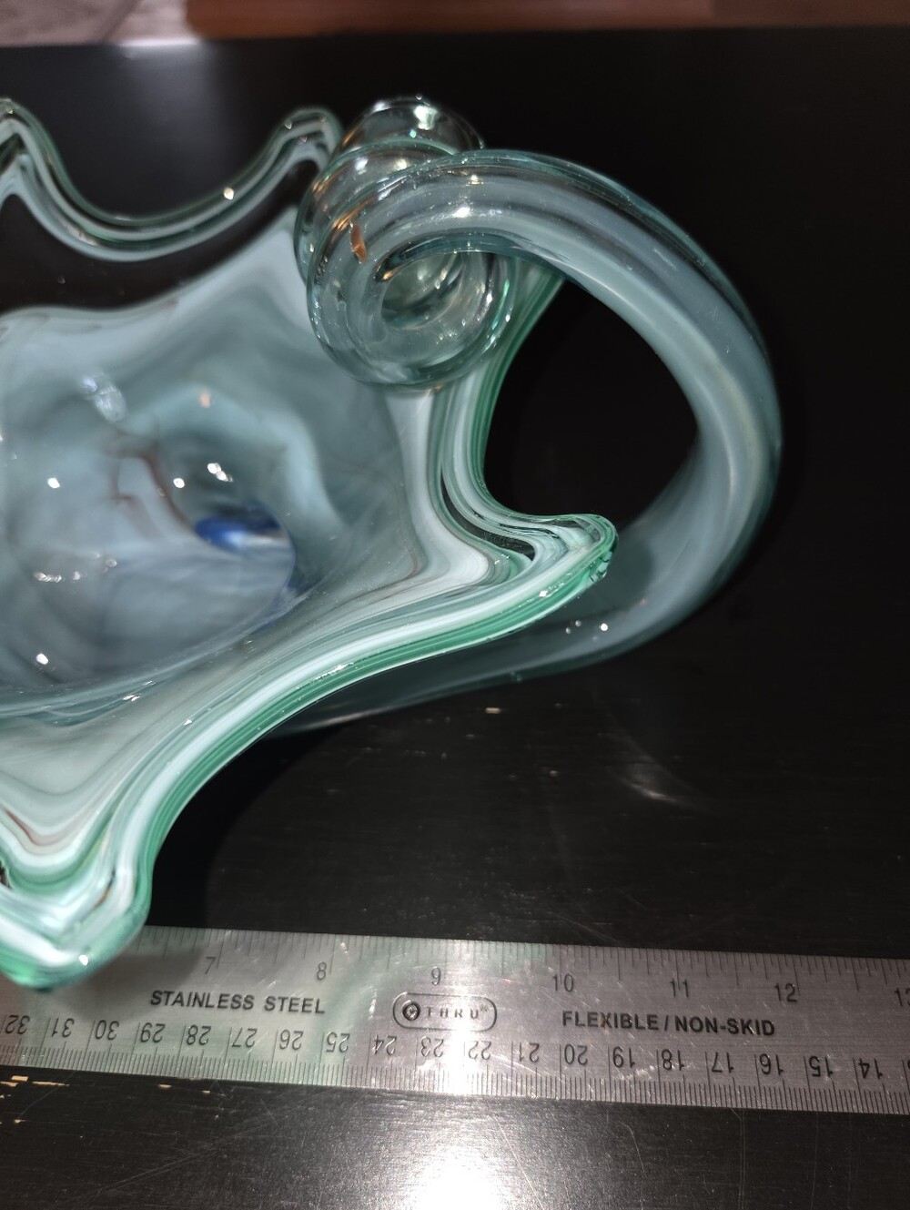 Vintage MCM Murano Style Hand Blown Cornucopia Swirl Teal Blue Art Glass 11 1/2" - Picture 7 of 9